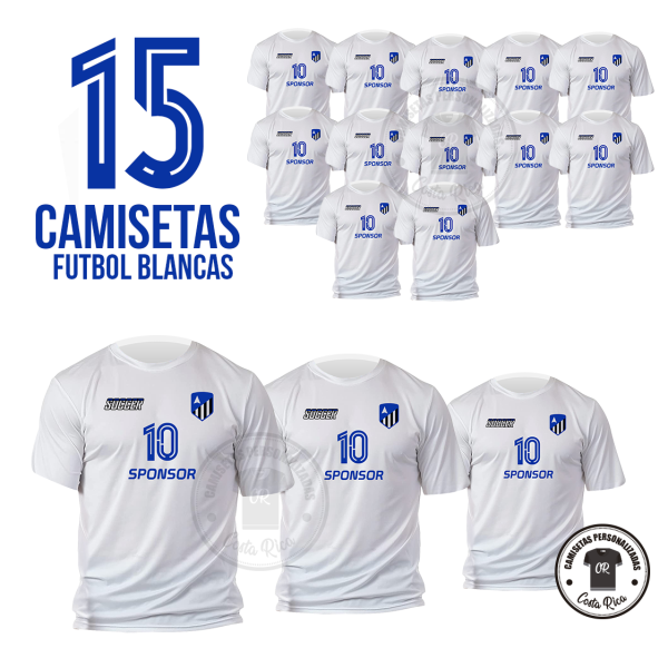 Promo fútbol 15 Camisetas SpeedDry Blanca con su diseño (frente y espalda)